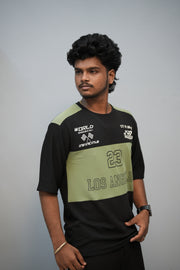 Men’s Oversized Printed Round Neck T-Shirt – Los Angeles 23 Street Style - Black With Pistha Green